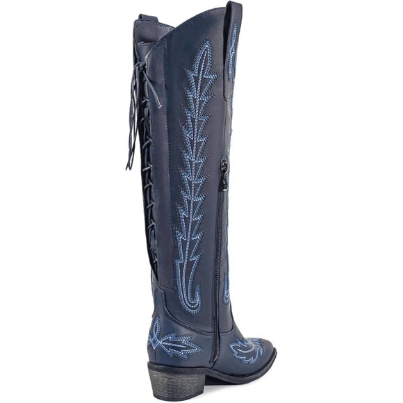 ⚡Women's Blue Knee High Wide Calf Lace Up Embroidered Cowgirl Boots Pull On - Picture 3 of 7